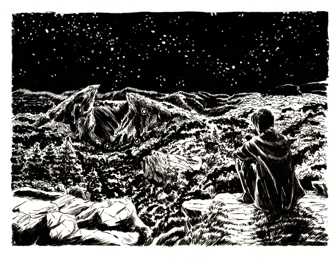 A View of the Grandfathers. Ink on Watercolor Paper, half page.